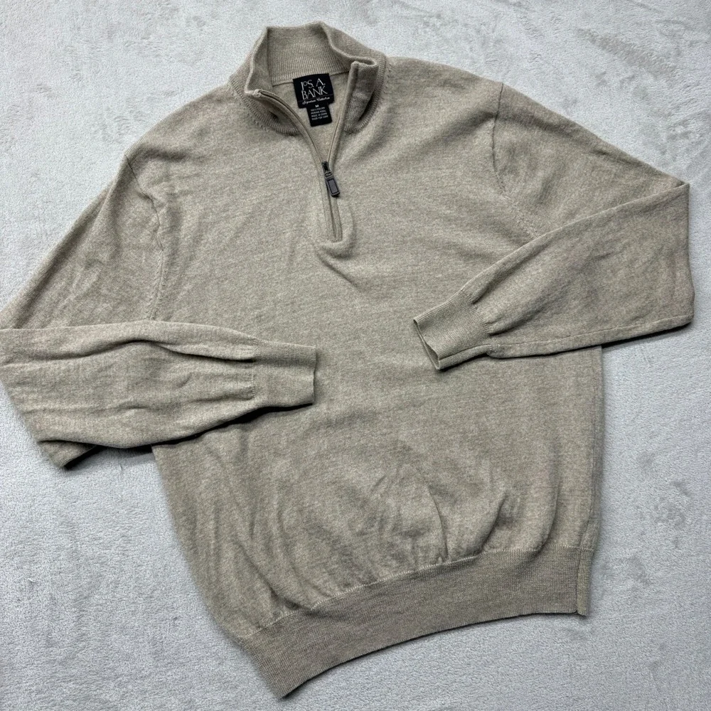 Jos. A. Bank Sweater Men Medium Tan Quarter Zip Merino Wool Signature Collection